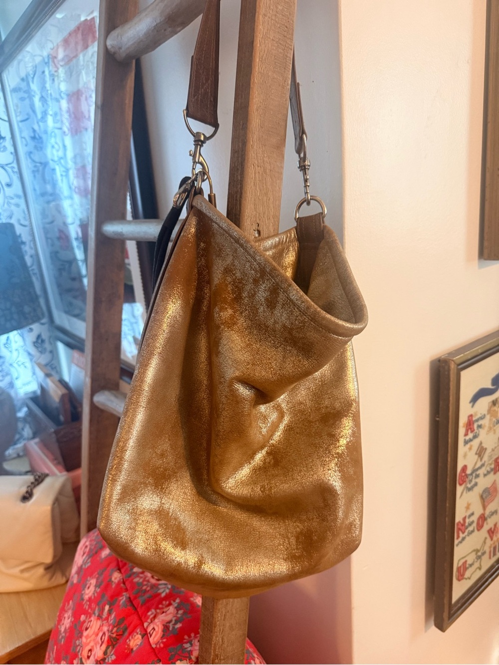 Metallic Gold Leather Shoulder Hobo Bag